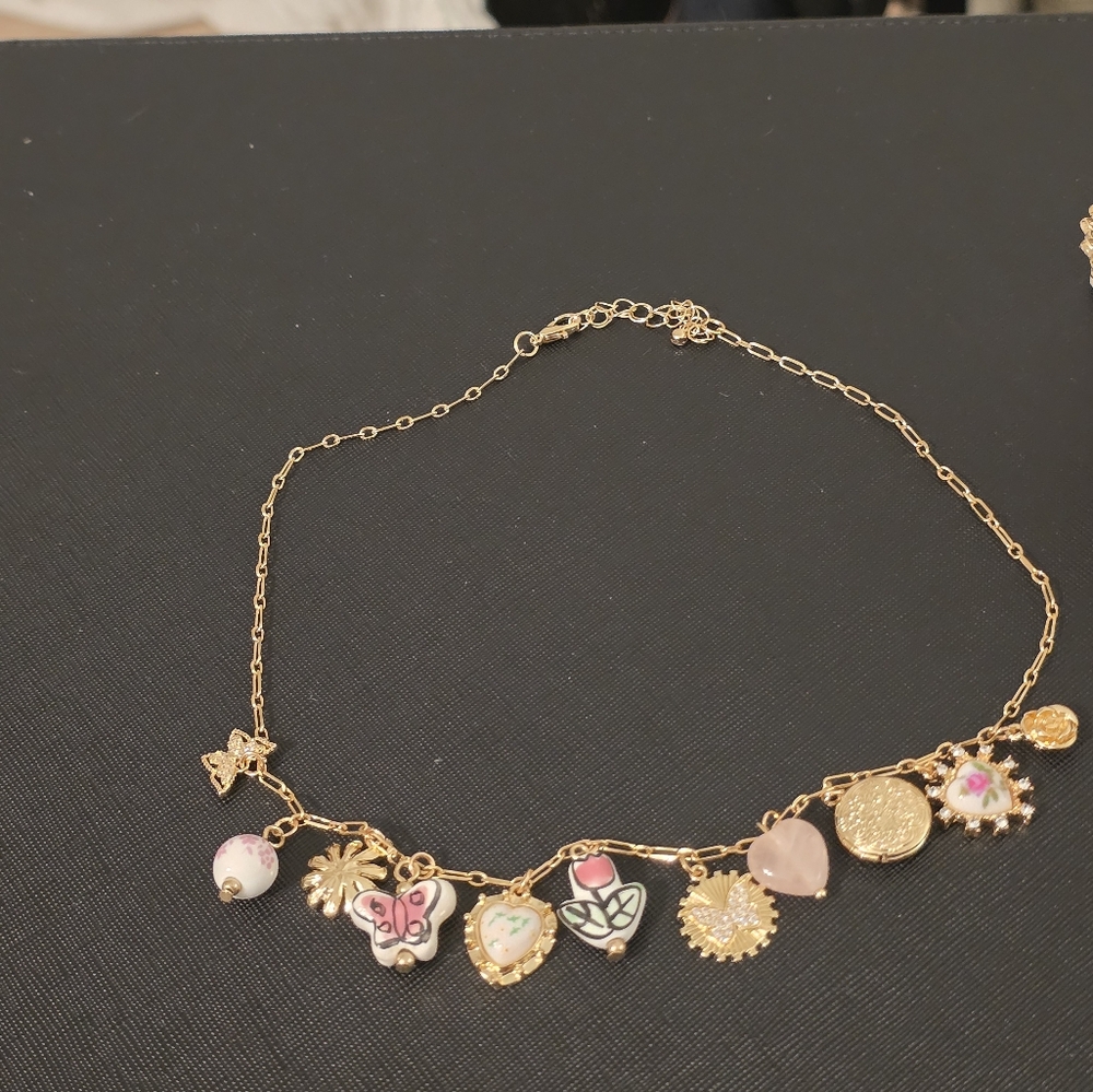 Gold Charm Necklace with Cubic Zirconia - Picture 2 of 3